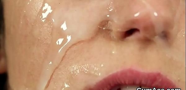  Nasty babe gets sperm load on her face sucking all the sperm